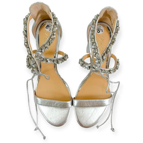 Jewel Badgley Mishka NEW Thamar Crystal Strappy Block Heel Silver Women's Sz 8.5 - Picture 9 of 14
